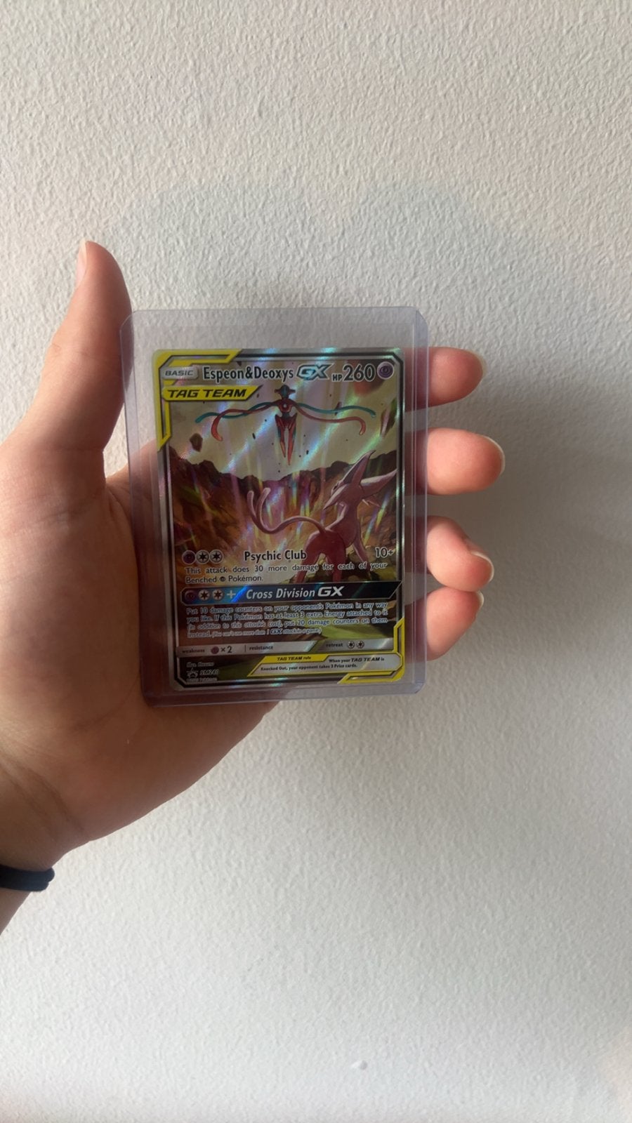 Espeon & Deoxys GX TAG TEAM Pokémon Kaart, Ophalen of Verzenden, Zo goed als nieuw, Losse kaart, Foil