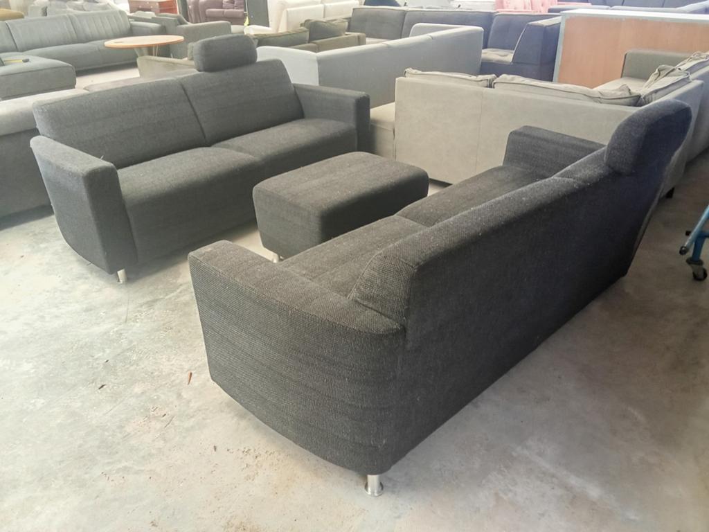 Bankstel antraciet 200cm set van 2 + poef, Gebruikt, 125 cm of meer, ., 125 cm of meer