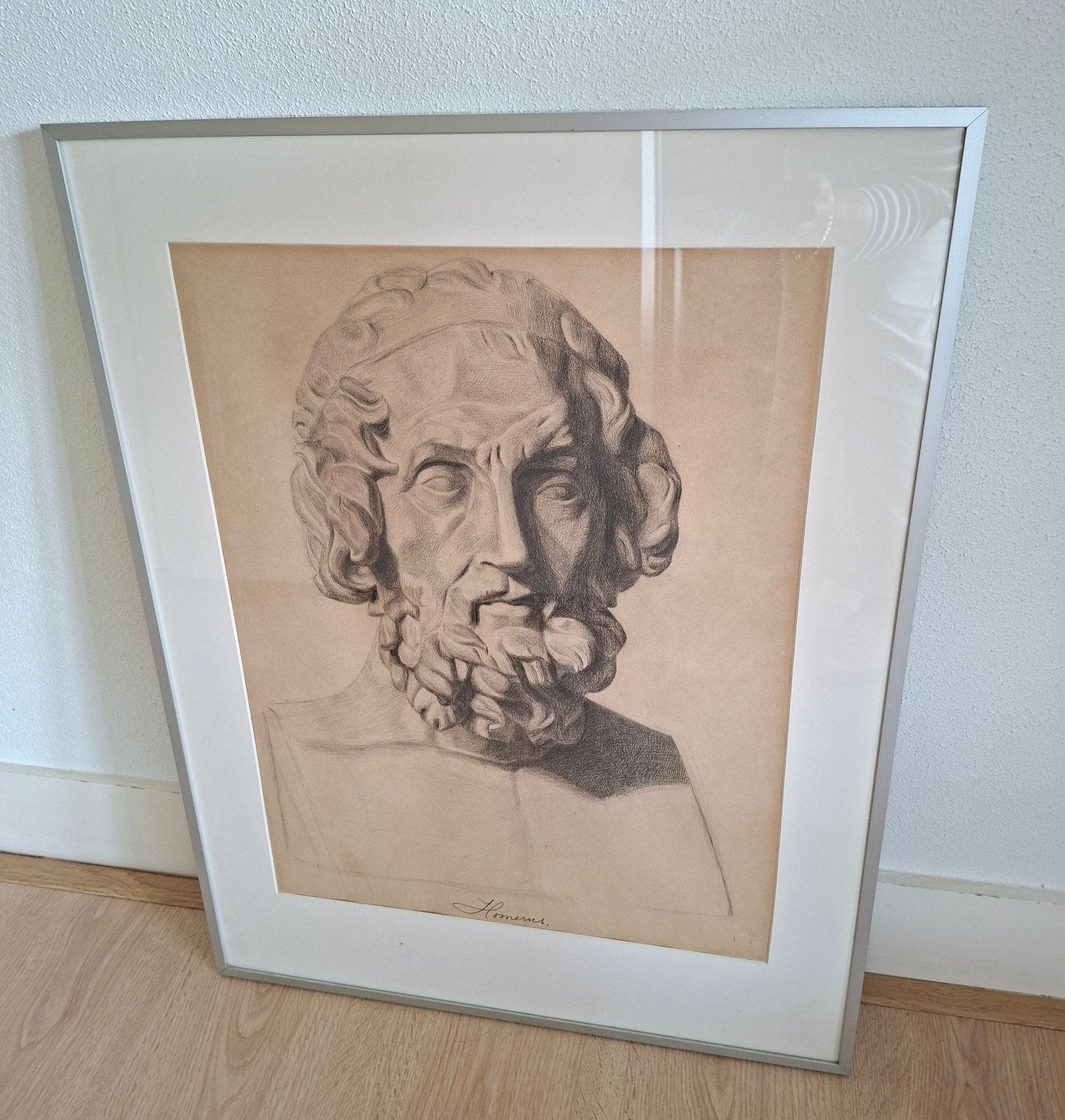 Homerus, potloodtekening, Academie BKA, Antiek en Kunst, Ophalen, Tekening, Potloodtekening, Achter glas