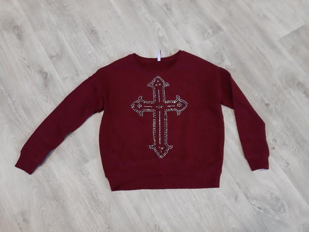 Dames trui - bordeaux rood met strass kruis - maat XS, Ophalen of Verzenden, Zo goed als nieuw, Maat 34 (XS) of kleiner, Rood