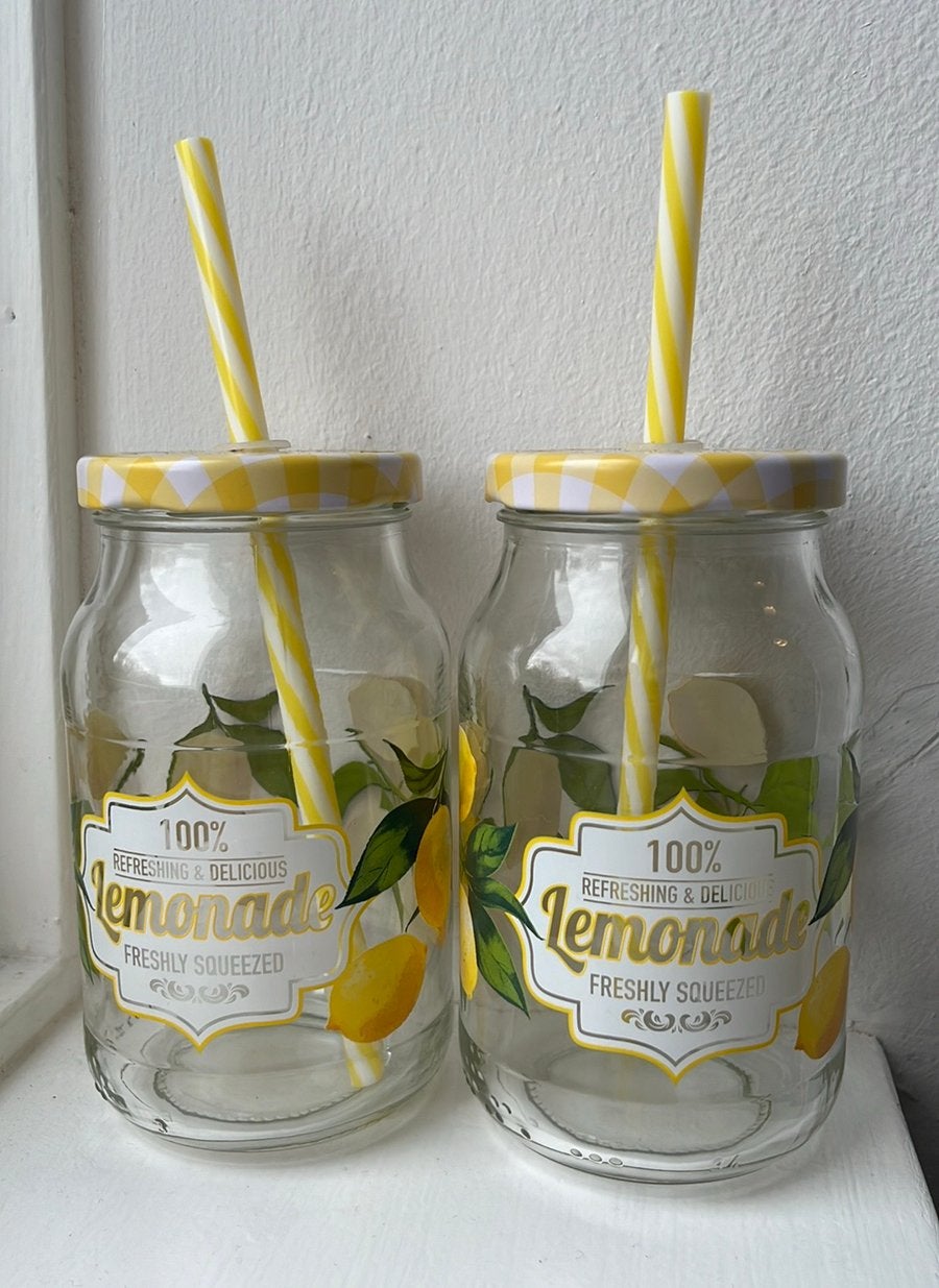 2 glazen bekers met rietjes, Ophalen, Glas of Glazen, Gebruikt, Glas