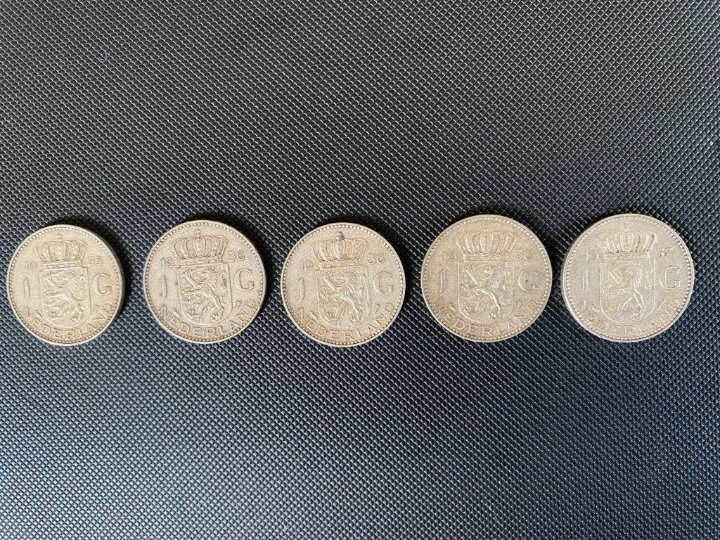 5x zilveren 1 Gulden - 1955 - 1956 - 1957, Postzegels en Munten, Munten | Nederland, Verzenden, Koningin Juliana, 1 gulden, Zilver