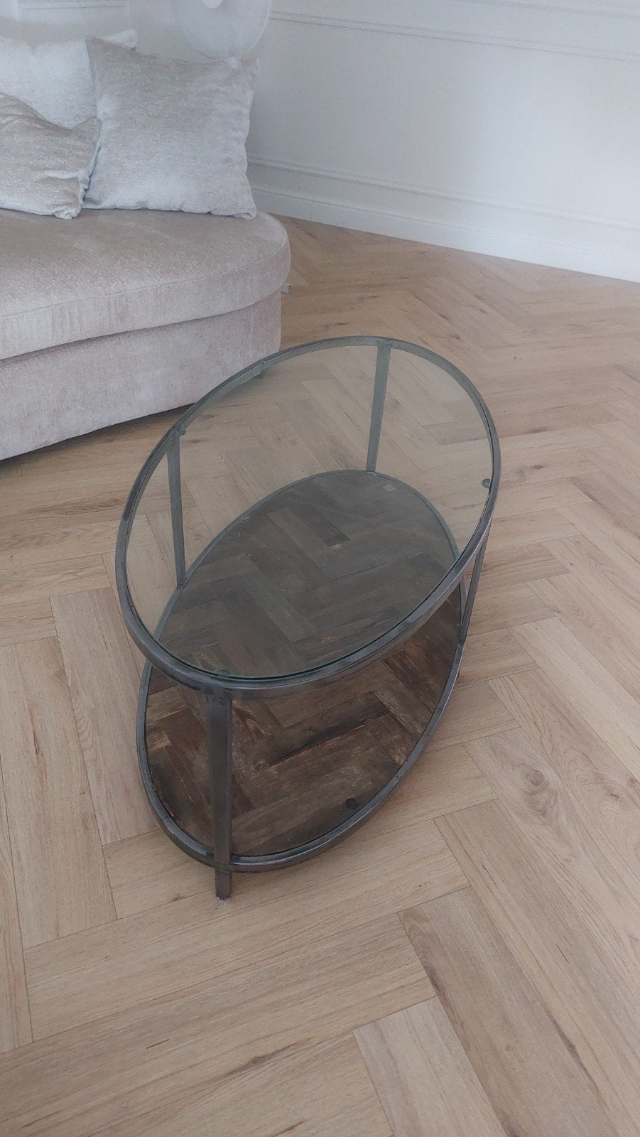 Riviera Maison Salontafel Ovaal Glas/Hout, Huis en Inrichting, Tafels | Salontafels, Ophalen, 100 tot 150 cm, 50 tot 100 cm, 5 – 50