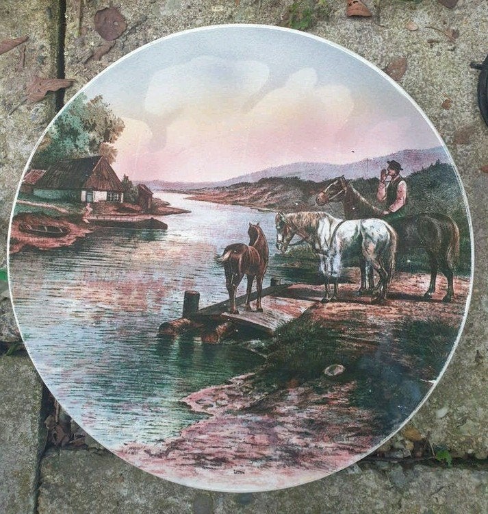 Antiek Villeroy & Boch Wandbord met Paarden en Landschap, Ophalen of Verzenden