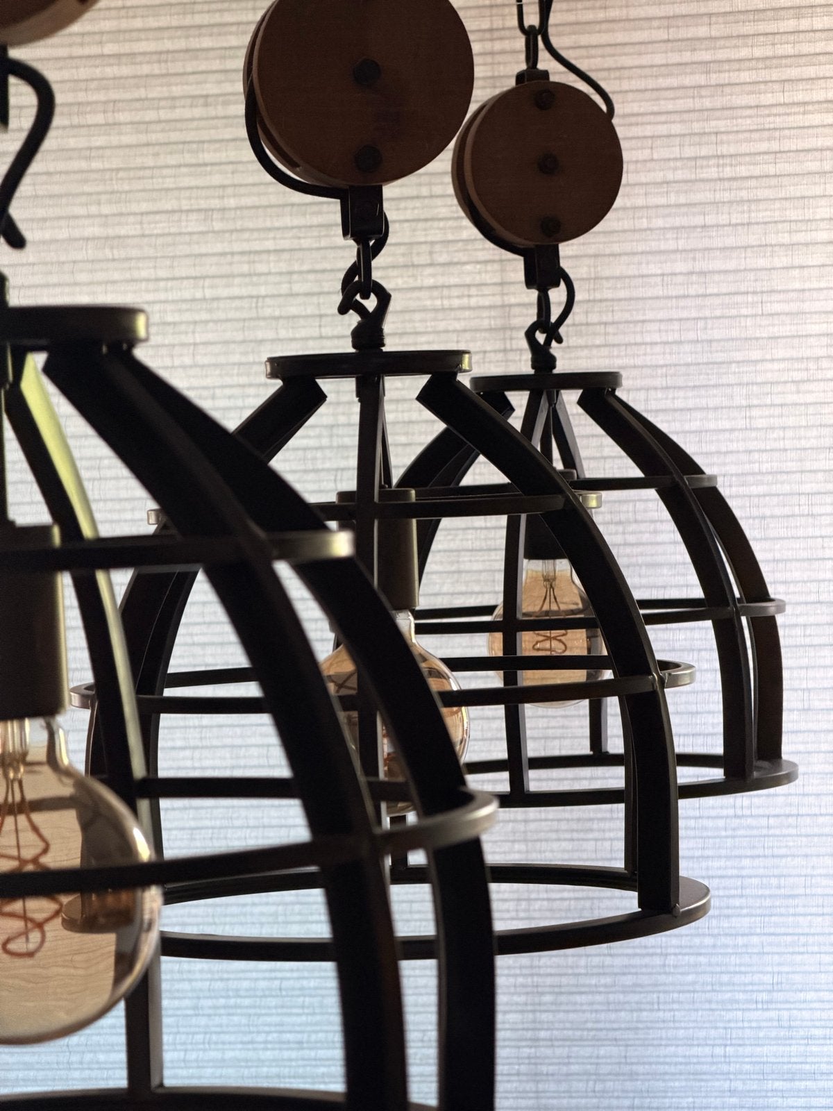 Industriële hanglamp met katrollen en kooilampen, Ophalen, Gebruikt, Metaal, E27 (groot)