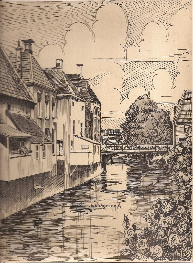 Appingedam Stadsgezicht Sievers 50/60 er jaren, Antiek en Kunst, Ophalen of Verzenden, Tekening, Pentekening, Handgemaakt
