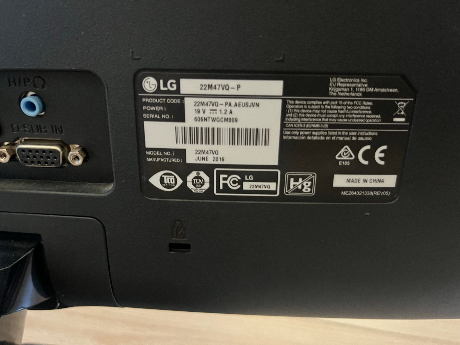 LG 22M47VQ-P Full HD Monitor - Zwart, Ophalen, Gebruikt, Full HD, Onbekend