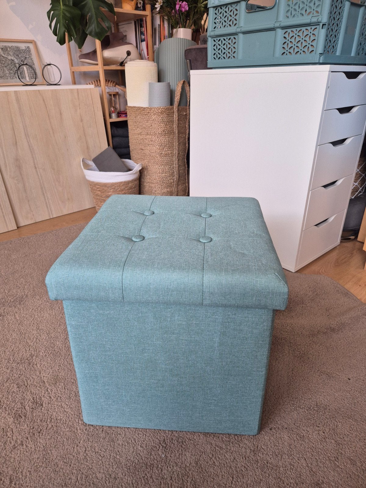 Turquoise opbergpoef met knoopdetails, Ophalen, Gebruikt, 50 tot 75 cm, Stof