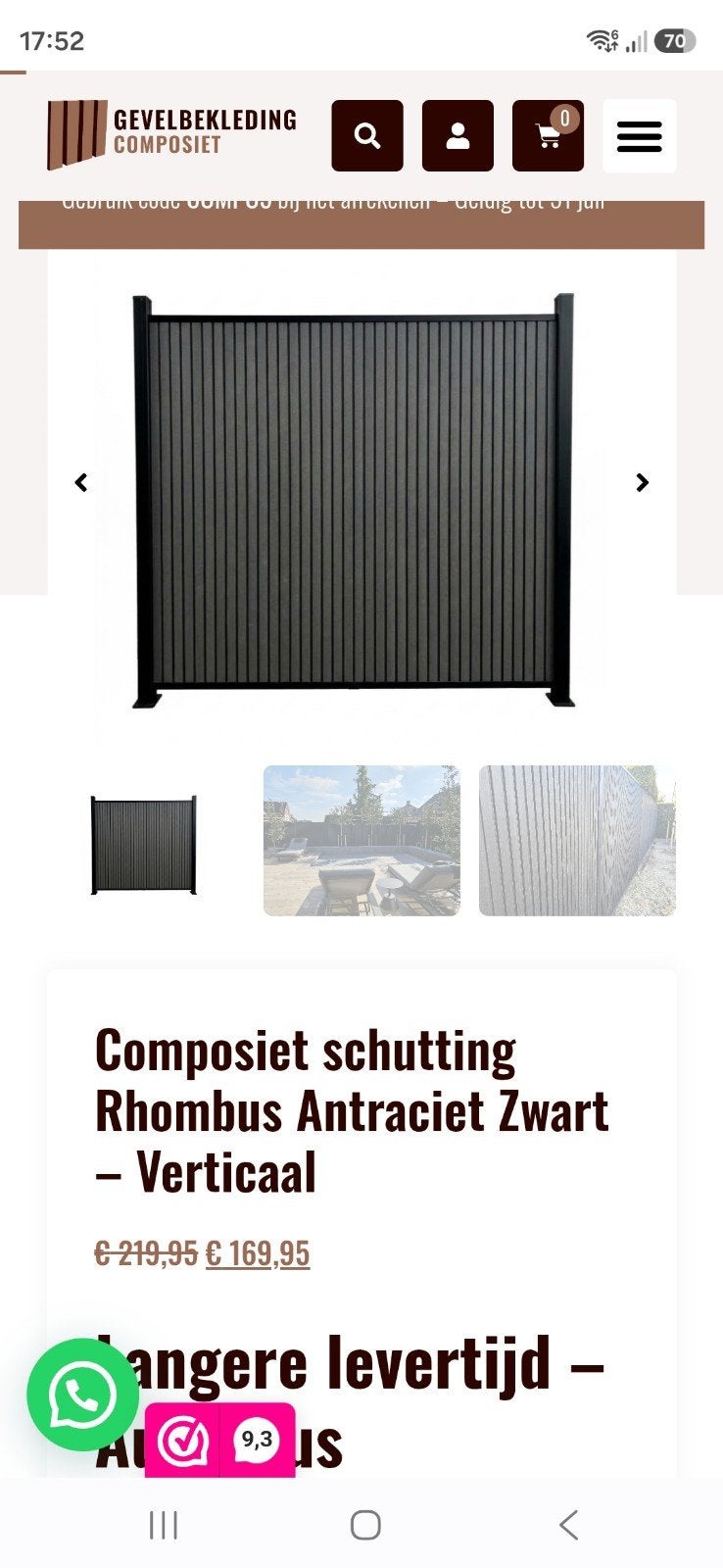 Composiet Schutting Rhombus Antraciet Zwart Verticaal, Ophalen, Kunststof, 1 tot 2 meter, Minder dan 3 meter