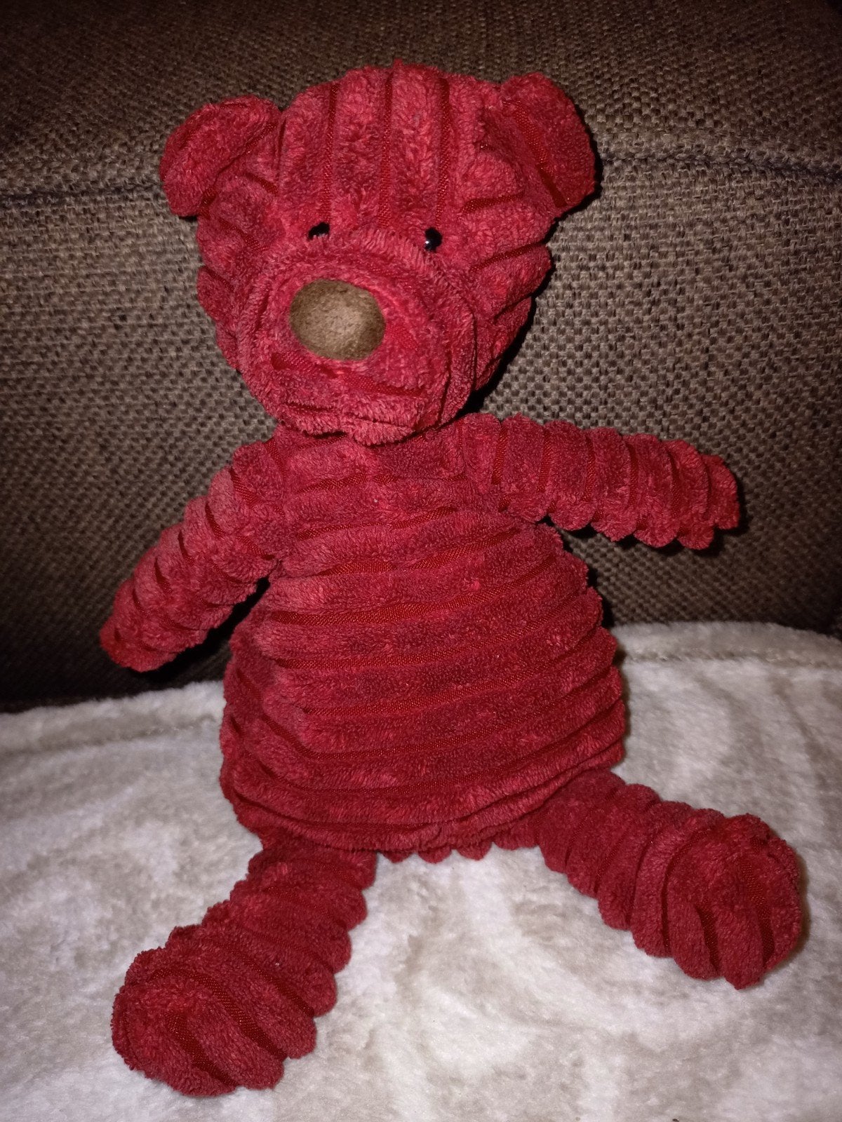 Jellycat bordeauxrood ribstof beer. Retired., Jellycat, Beer, Ophalen of Verzenden, Zo goed als nieuw