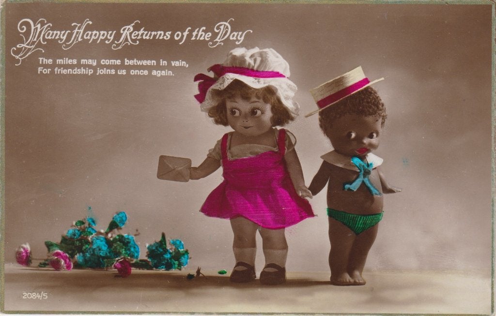 Black kids. Kinderen Poppen. Leuke oude foto AK 1932, Verzamelen, Verzenden, 1920 tot 1940, Gelopen, Kinderen