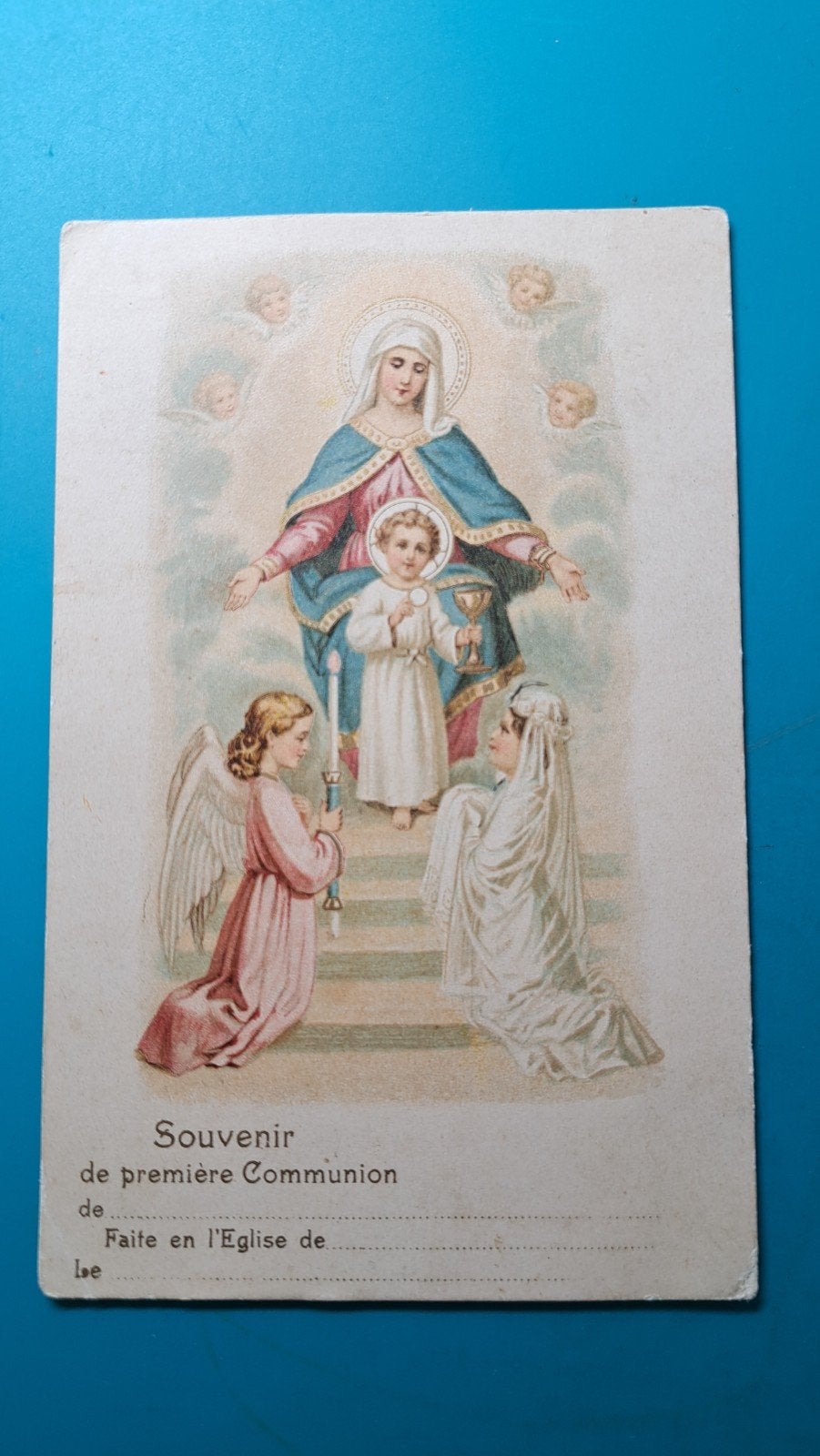 Souvenir Eerste Communie,  franstalig, oud, Verzamelen, Ophalen of Verzenden, Voor 1920, Ongelopen, Overige thema's