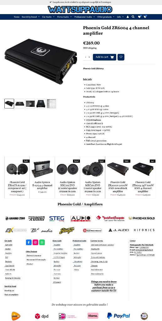 Phoenix Gold ZR6004 4 kanaals versterker, Auto diversen, Autospeakers, Hifi-Focus, Aalsmeerderweg 173 1432 CL, Aalsmeer, Nieuw