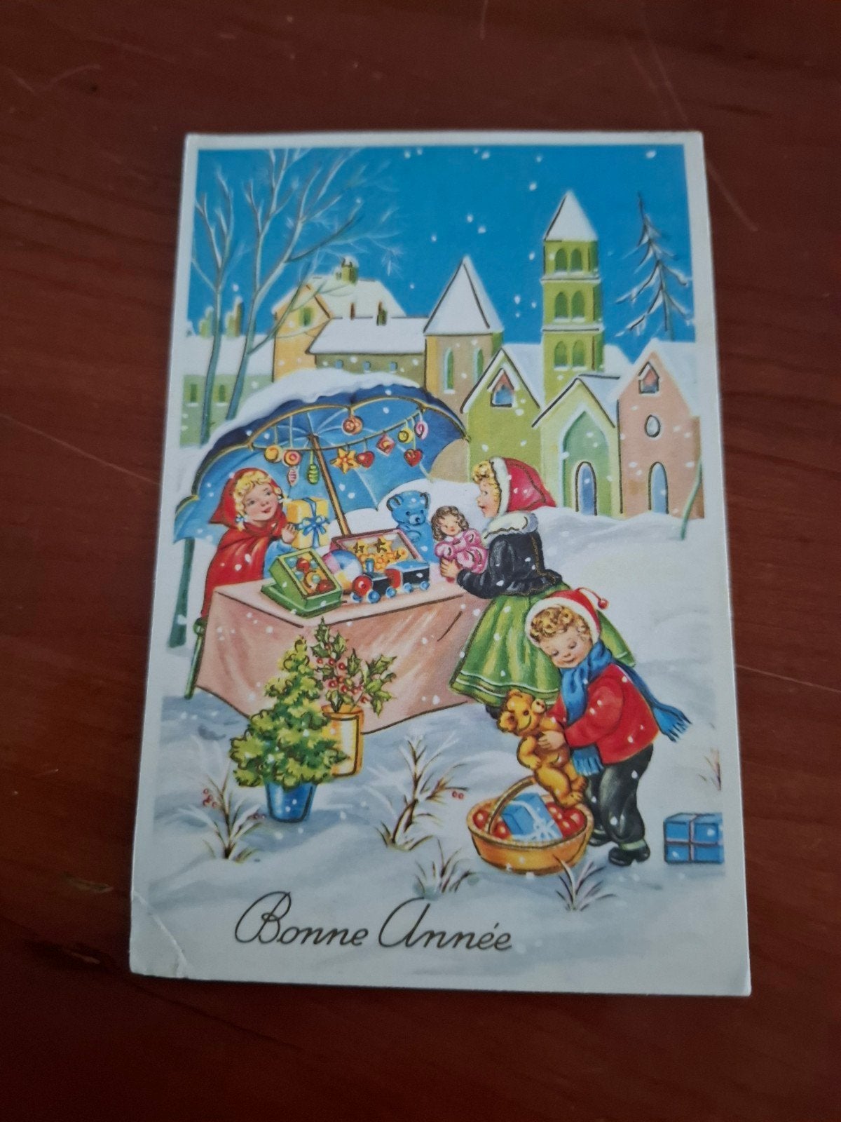 Vintage Kerstkaart 'Bonne Année' - Kinderen op Wintermarkt, Ophalen of Verzenden, 1940 tot 1960, Gelopen