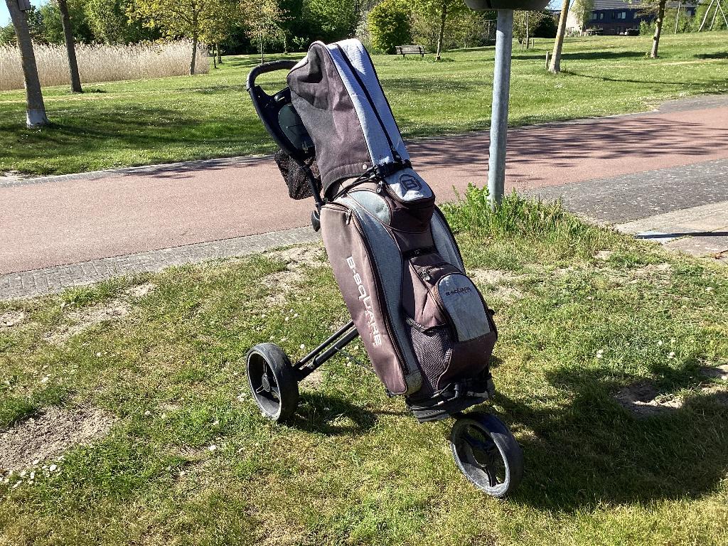 B-Square golftas, diverse clubs en trolley, Sport en Fitness, Golf, Ophalen, Gebruikt, Tas, Overige merken