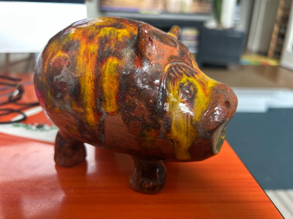 Vintage Aardewerk Spaarvarken Nijlpaard Lava Motief, Ophalen of Verzenden