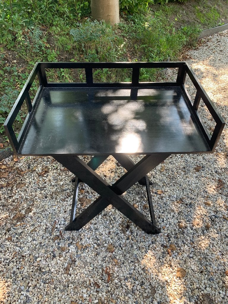 Set: zwarte dienbladtafel + kofferstandaard op X-onderstel, Ophalen, 50 tot 100 cm, Modern-klassieke stijl, Tot twee personen