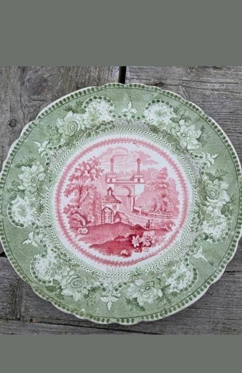 Antiek Wedgwood "Railway" bord, Groen/Rood decor, Ophalen