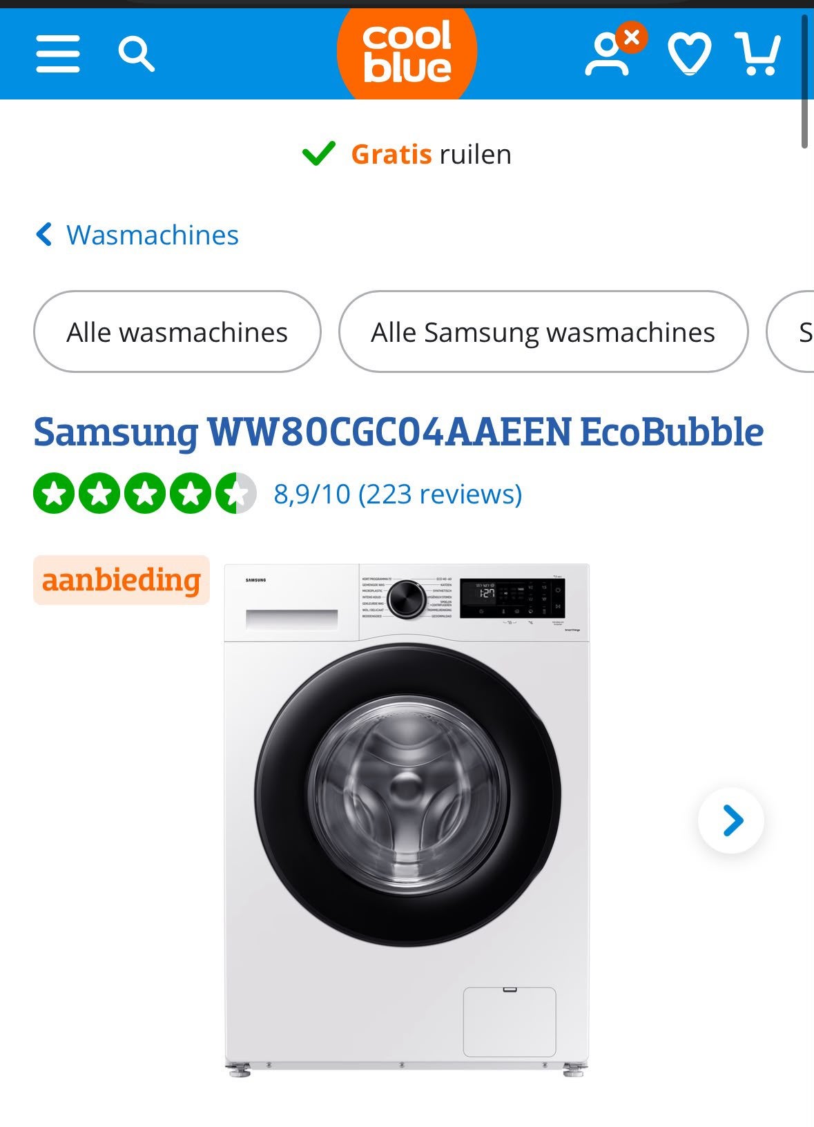 Samsung Ecobubble - Coolblue 5jr oud, Witgoed en Apparatuur, Wasmachines, 6 tot 8 kg, Ophalen of Verzenden, 85 tot 90 cm, 1600 toeren of meer