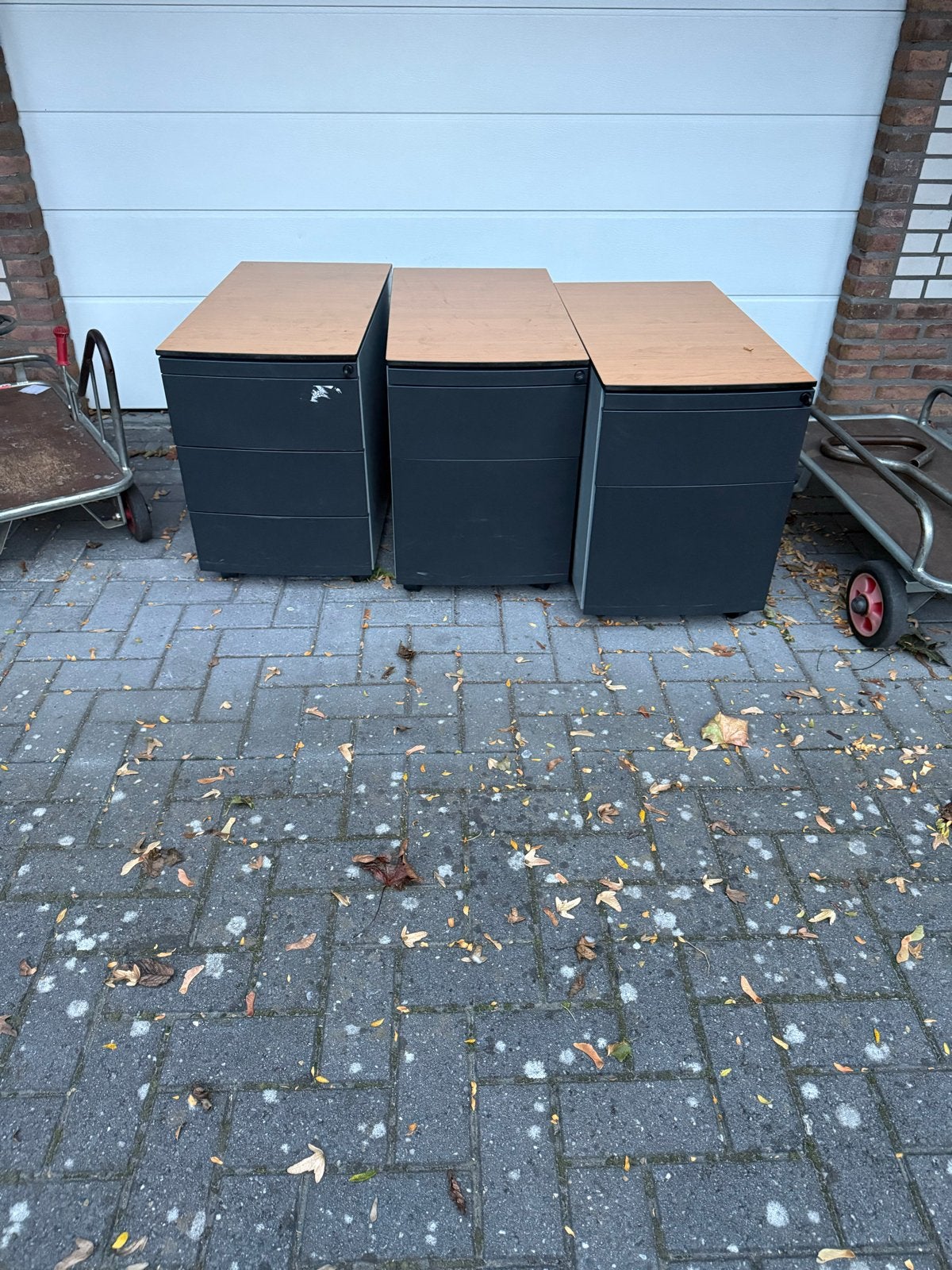 Set van 3 verrijdbare ladekast ladeblokken met houten blad, Gebruikt, Ophalen of Verzenden, 3 of 4 laden, Minder dan 100 cm