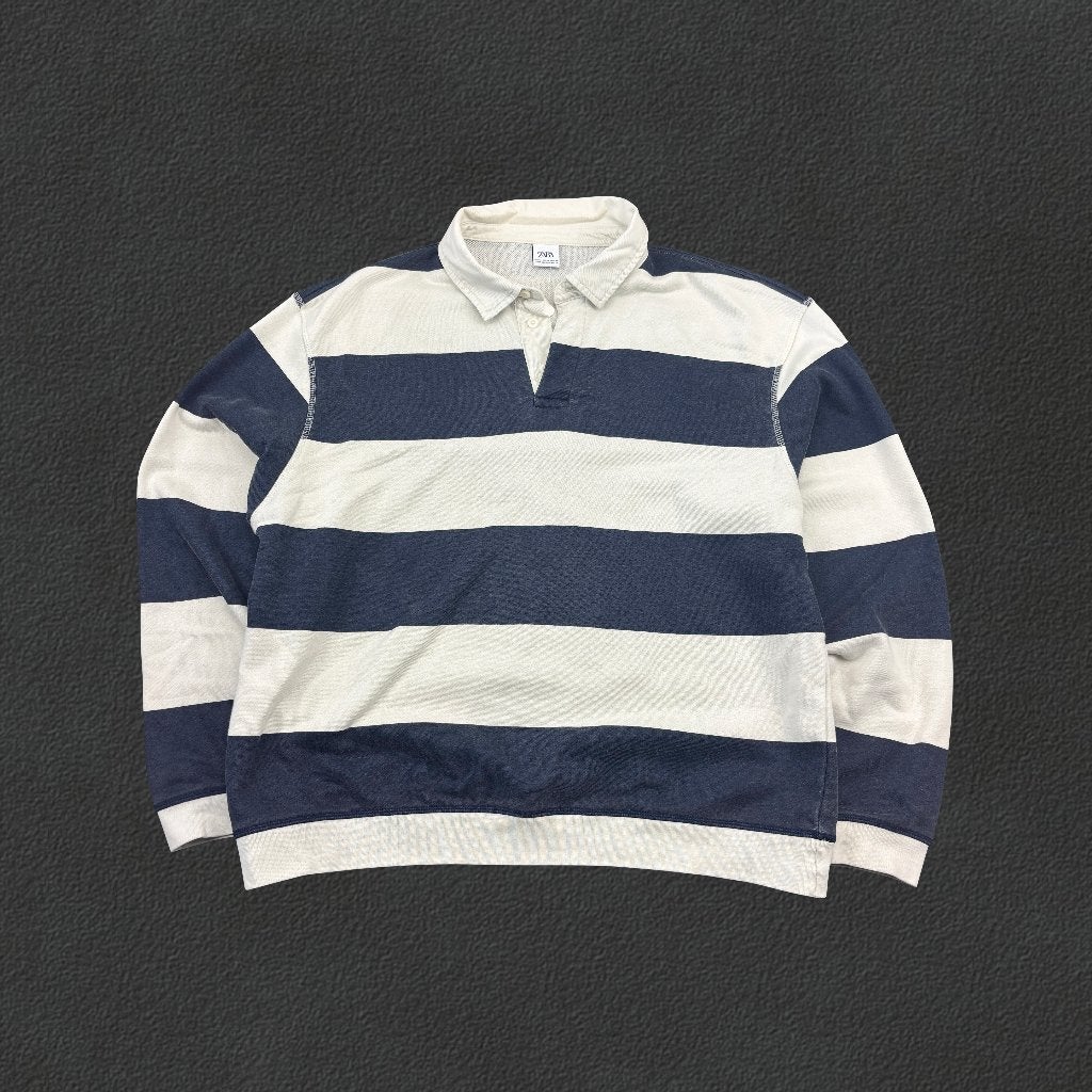 (1313) Blauw/Wit Zara Rugby Poloshirt met Lange Mouwen -, Zara, Blauw, Maat 56/58 (XL), Ophalen of Verzenden
