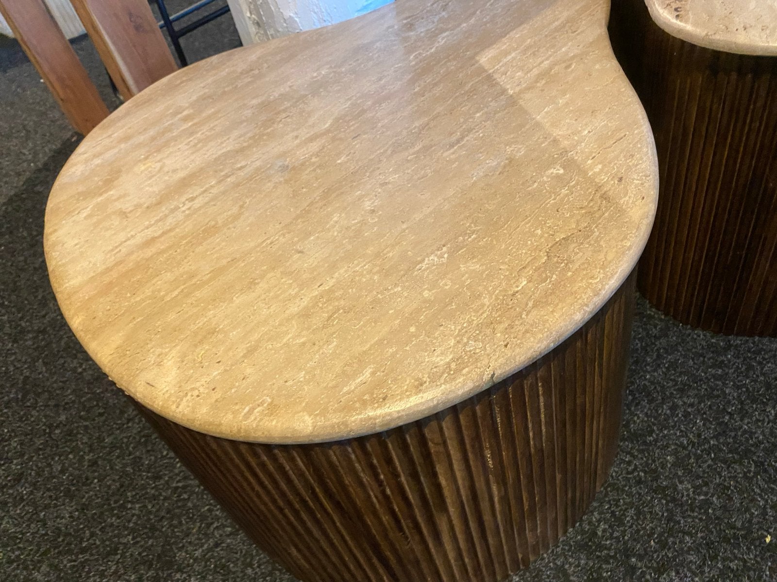 Salontafel set organische vorm Japandi travertin mangohout, Ophalen, Nieuw, 50 tot 100 cm, Overige vormen