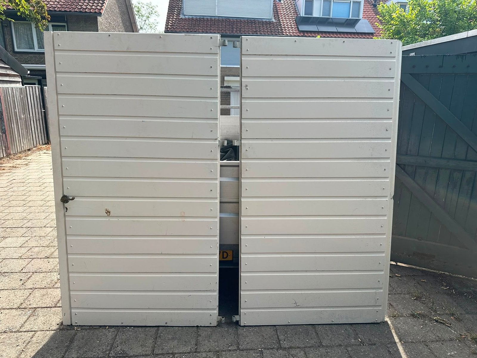 Set hardhouten garagedeuren meranti massief, wit 215x240cm, Ophalen, Gebruikt, Garagedeur, Hout