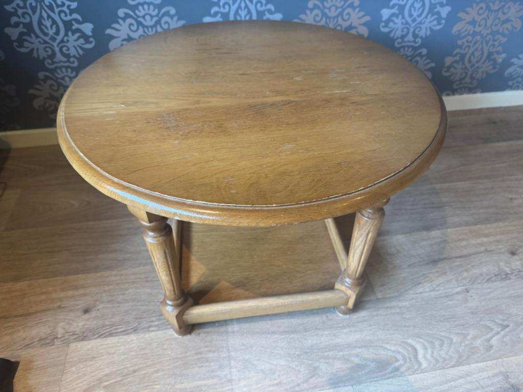 Ronde houten bijzettafel eiken patine honing, Minder dan 45 cm, Minder dan 55 cm, Gebruikt, Rond