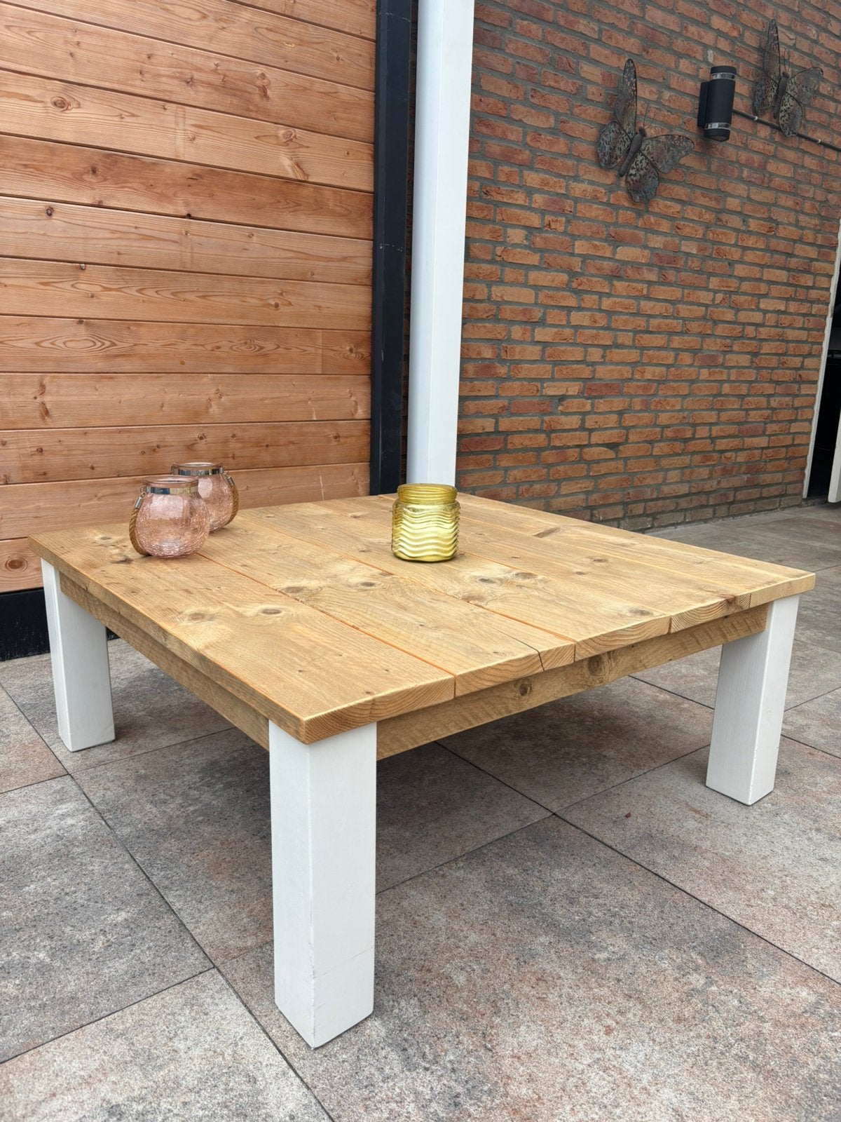 Robuuste houten salontafel 100x100 cm – landelijk, Huis en Inrichting, Tafels | Salontafels, Ophalen, 50 tot 100 cm, Vierkant