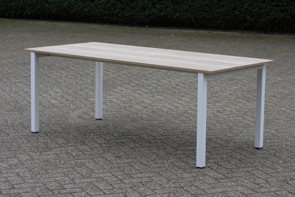 Leuke trendy eettafel metaal houtlook 200x90 kantinetafel, 200 cm of meer, 50 tot 100 cm, Zo goed als nieuw, Vijf personen of meer