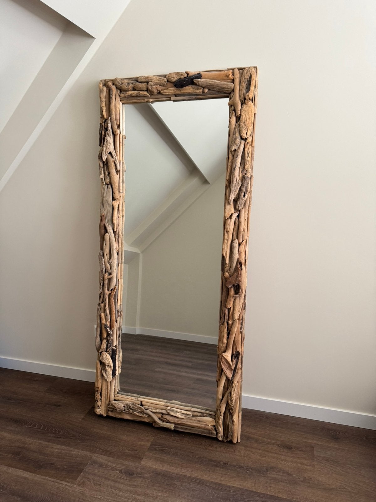 Prachtige robuuste spiegel van houtstukken, Ophalen, Minder dan 50 cm, Zo goed als nieuw, Minder dan 100 cm