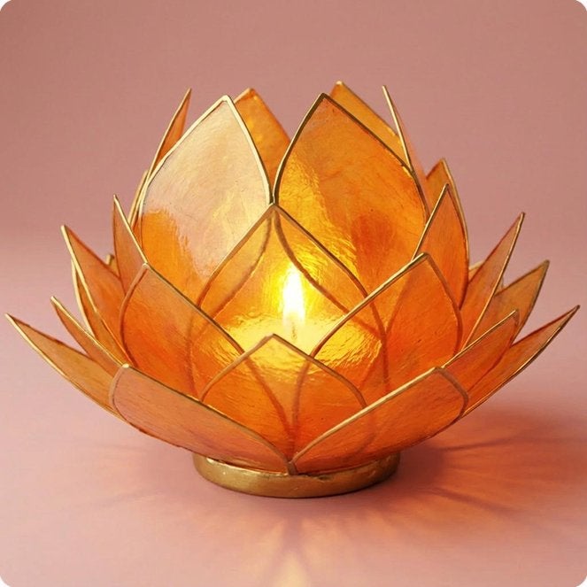 4 prachtige Lotus sfeerlichten – warm oranje met goud, Overige materialen, Waxinelichthouder, Nieuw, Oranje