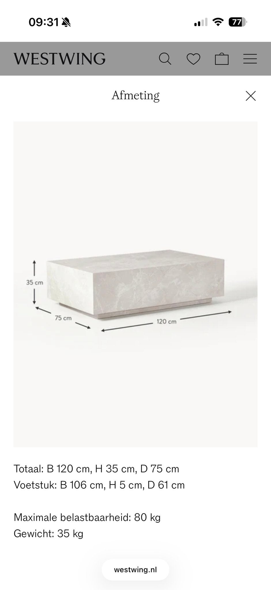 Salontafel met travertijn look, beige, 120x75x35 cm, Ophalen, Overige materialen, 50 tot 100 cm, 100 tot 150 cm