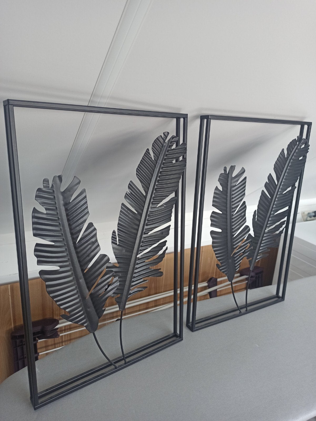 Set van 2 metalen wanddecoraties met bladmotief, Ophalen, Metaal, Wandsculptuur, Zwart