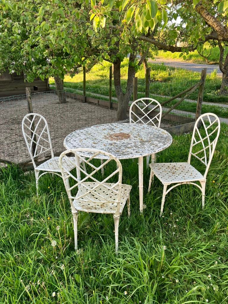 Bistro set tuinset tafel vier 4 stoel stoelen gietijzer wit, Ophalen