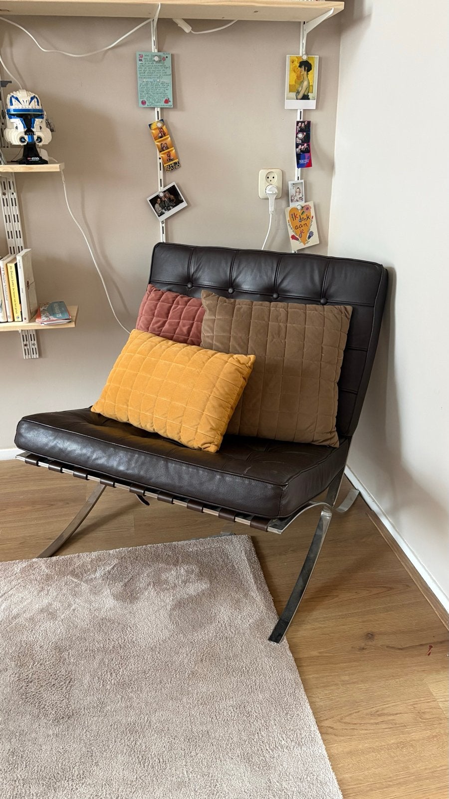 Replica Barcelona stoel zwart/bruin leer zilvere frame, Huis en Inrichting, Stoelen, Gebruikt, Bruin, Vintage, Leer