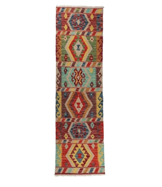 Handgeweven Kelim Loper Wol Vloerkleed Tapijt 200x62 cm, Rechthoekig, Rood, Nieuw, 200 cm of meer