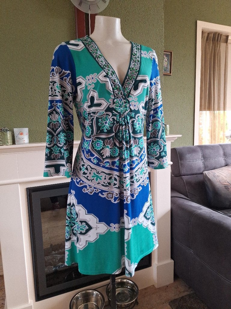 Hale Bob schitterende groen blauw grijs jurk M 38, Maat 38/40 (M), Zo goed als nieuw, Knielengte, Hale Bob