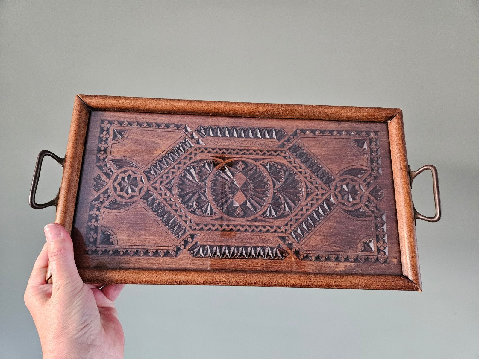 Vintage houten dienblad met handgesneden houtsnijwerk, Huis en Inrichting, Woonaccessoires | Dienbladen, Ophalen of Verzenden