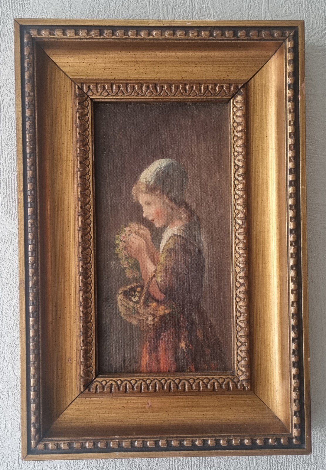 "Bloemenmeisje"antiek olieverfschilderij marouflé, Antiek en Kunst, Kunst | Schilderijen | Klassiek, Ophalen of Verzenden
