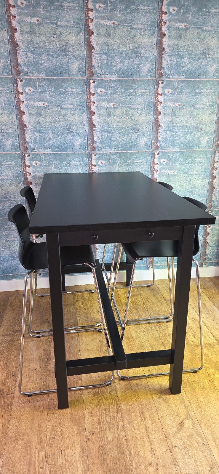 IKEA Bartafel Zwart met Lade en 4 Barstoelen, Huis en Inrichting, Ophalen, Overige houtsoorten, Gebruikt, 50 tot 100 cm