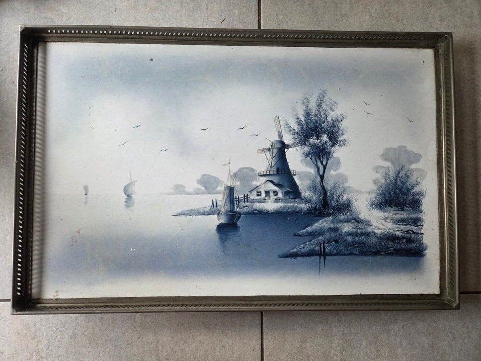 Antiek dienblad met Hollandse molen en schepen, Ophalen of Verzenden