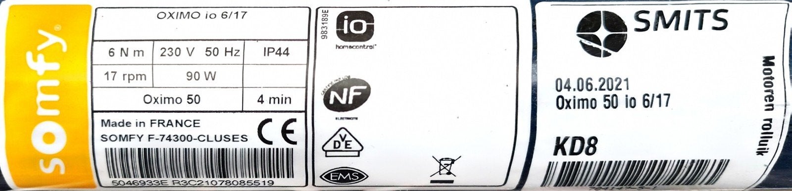 Nieuwe Somfy Oximo 50 io 6/17 Rolluikmotor - 6 Nm, 17 rpm, Doe-het-zelf en Verbouw, Motoren, Ophalen of Verzenden, Nieuw, Elektromotor