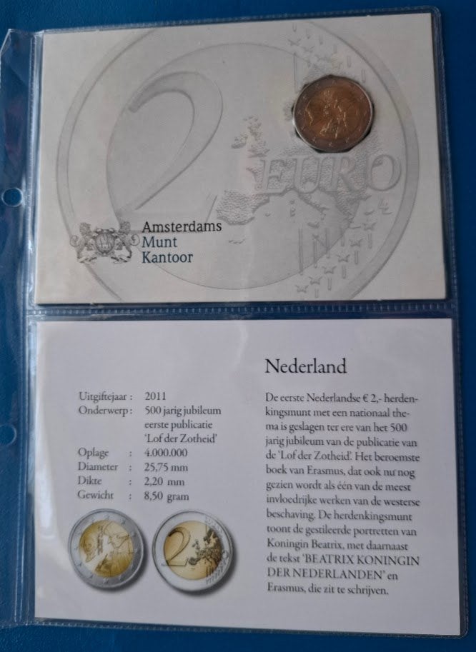Nederland 2 Euro "De lof der zotheid" Erasmus - 2011 (AMK), Postzegels en Munten, Munten | Nederland, Verzenden, Koningin Beatrix