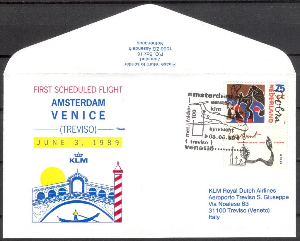 1e KLM vlucht Venice (Treviso) Italië 1989, Verzenden, Envelop