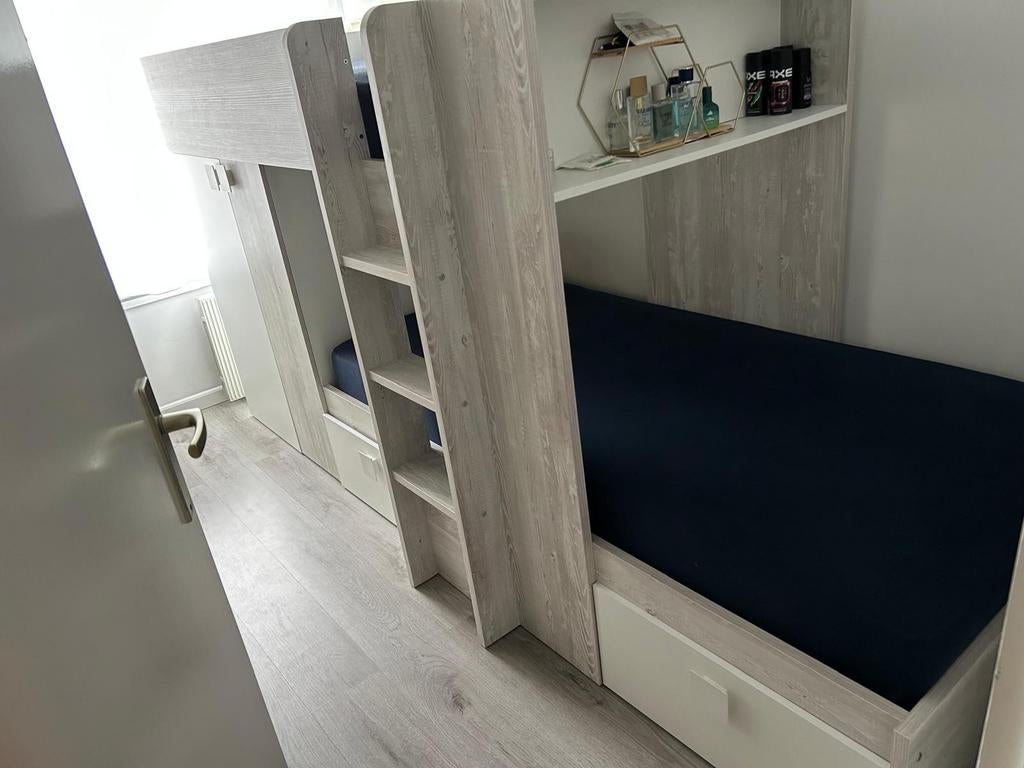 Stapelbed met kledingkast en opbergruimte, Ophalen, 90 cm, 160 tot 180 cm, Zo goed als nieuw