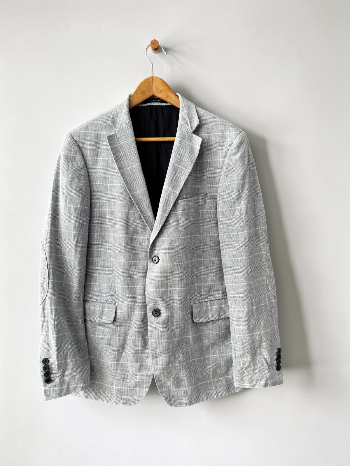 McGregor ruiten linnen colbert lichtblauw grijs 52 L large, Ophalen of Verzenden, Zo goed als nieuw, Maat 52/54 (L), Blauw