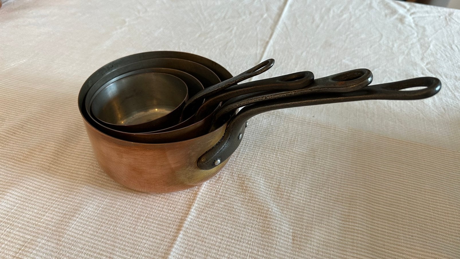 Vier vintage koperen steelpannen, Huis en Inrichting, Keuken | Potten en Pannen, Ophalen of Verzenden, Gebruikt, Overige materialen