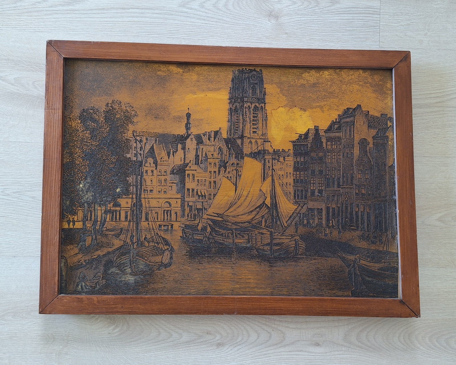 Ingelijste koperets van de Laurenskerk Rotterdam en de haven, Antiek en Kunst, Ophalen, Ingelijst, Ets, Stadsgezicht