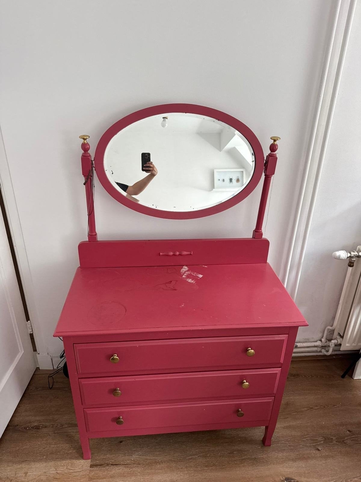 Vintage roze ladekast met spiegel - Hout, Ophalen, Gebruikt, 50 tot 100 cm, Minder dan 100 cm